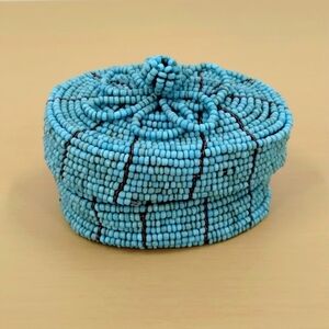 Beaded trinket box blue beads and wire with flower topper native American